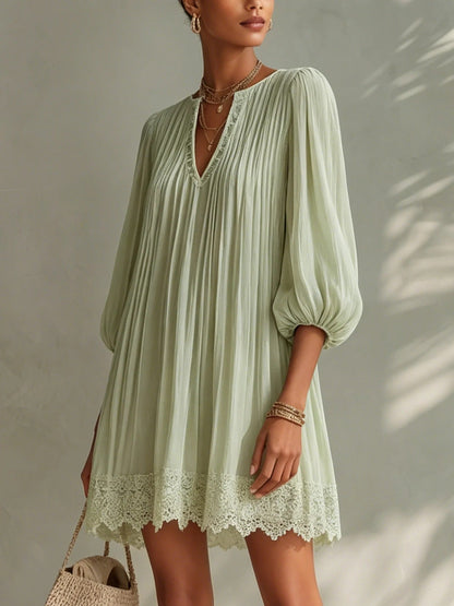Boho Lace Trim Mini Dress Women V‑Neck Balloon Sleeve Loose Vacation Dress