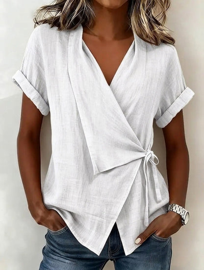 Wrap Tie Waist Linen Blend Short Sleeve V-Neck Blouse