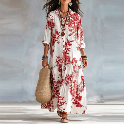 Botanical Floral Print Linen Tiered Shirt Maxi Dress