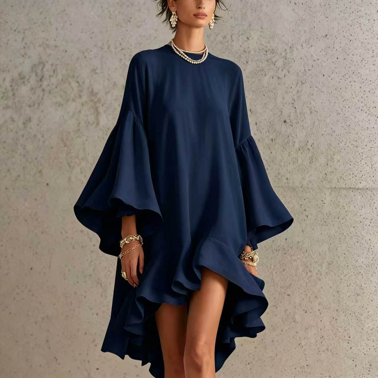 Satin Round Neck Oversized Bell Sleeve High Low Ruffle Mini Tunic Dress