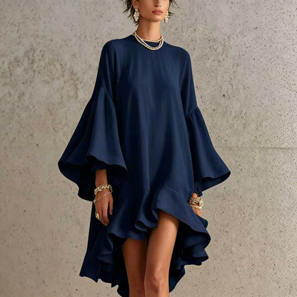 Satin Round Neck Oversized Bell Sleeve High Low Ruffle Mini Tunic Dress