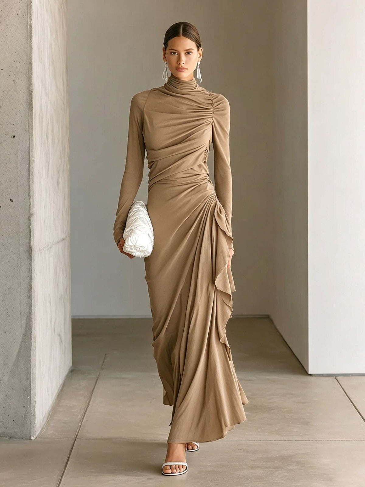 Turtleneck Ruched Side‑Ruffle Long‑Sleeve Maxi Dress