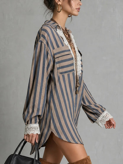 Women Boho Striped Lace Patchwork Tunic Shirt Loose Long Sleeve Casual Blouse Top