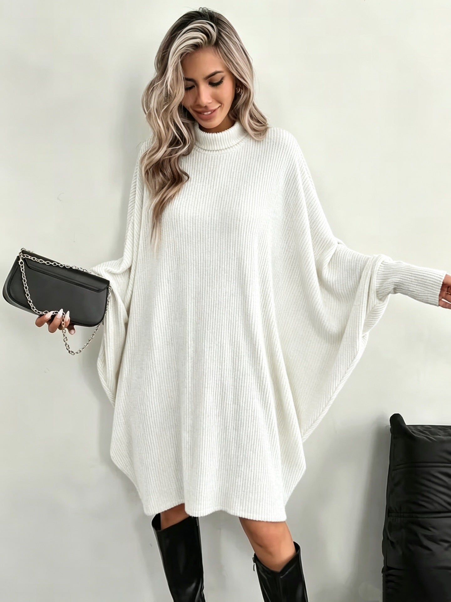 Mock Neck Batwing Ribbed Knit Tunic Dress