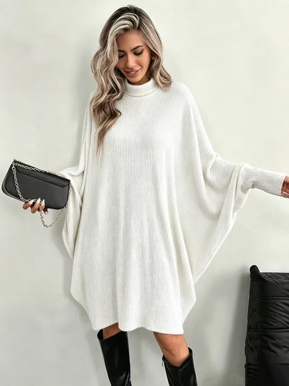 Mock Neck Batwing Ribbed Knit Tunic Dress