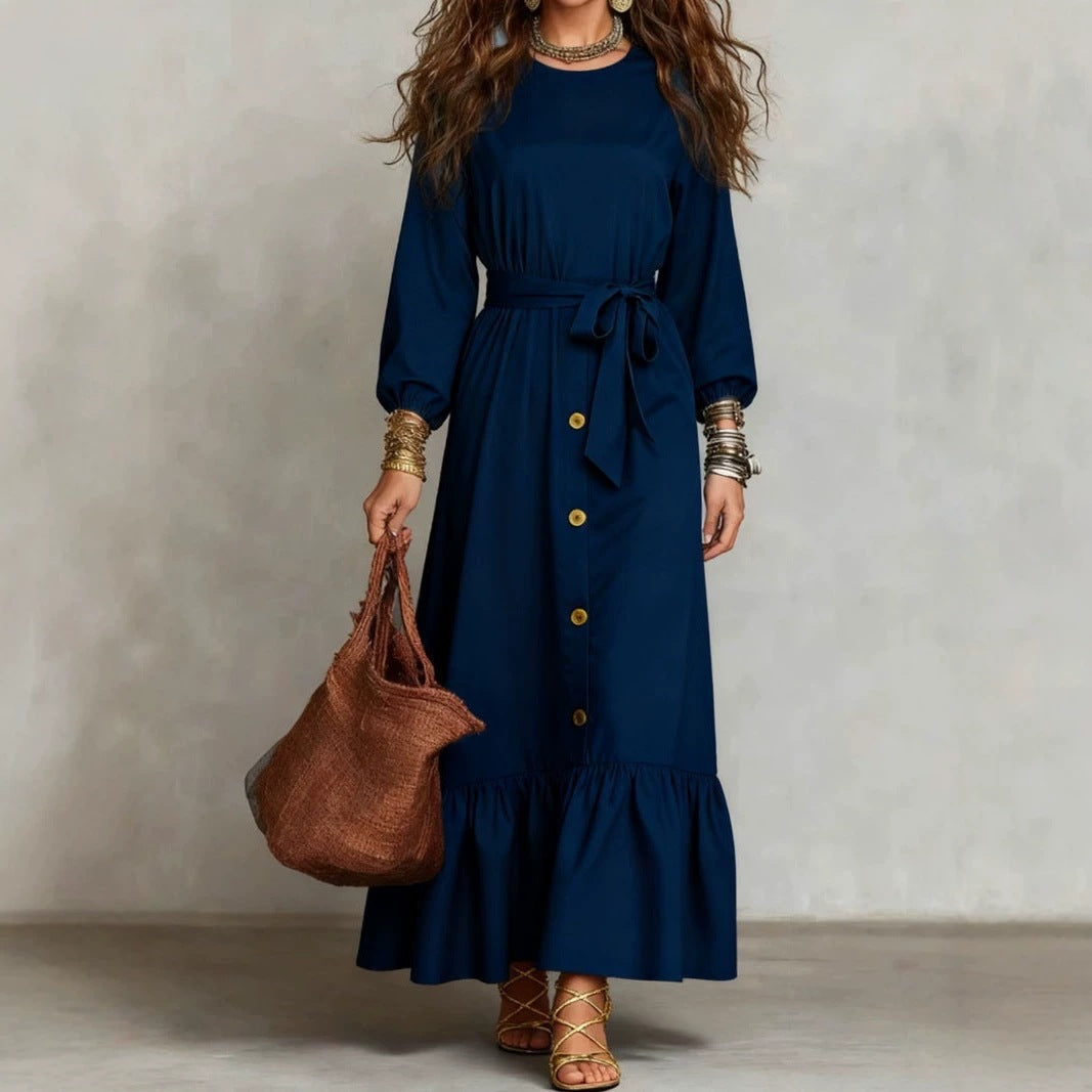 Button‑Front Tie‑Waist Tiered Ruffle Maxi Dress