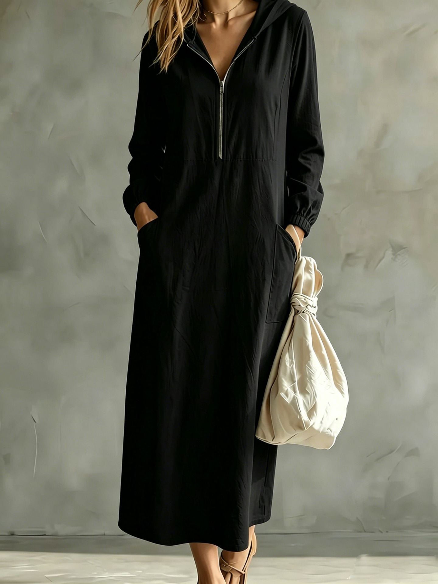 Hooded Zip-Neck Midi Dress