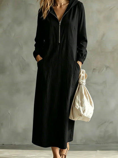 Hooded Zip-Neck Midi Dress