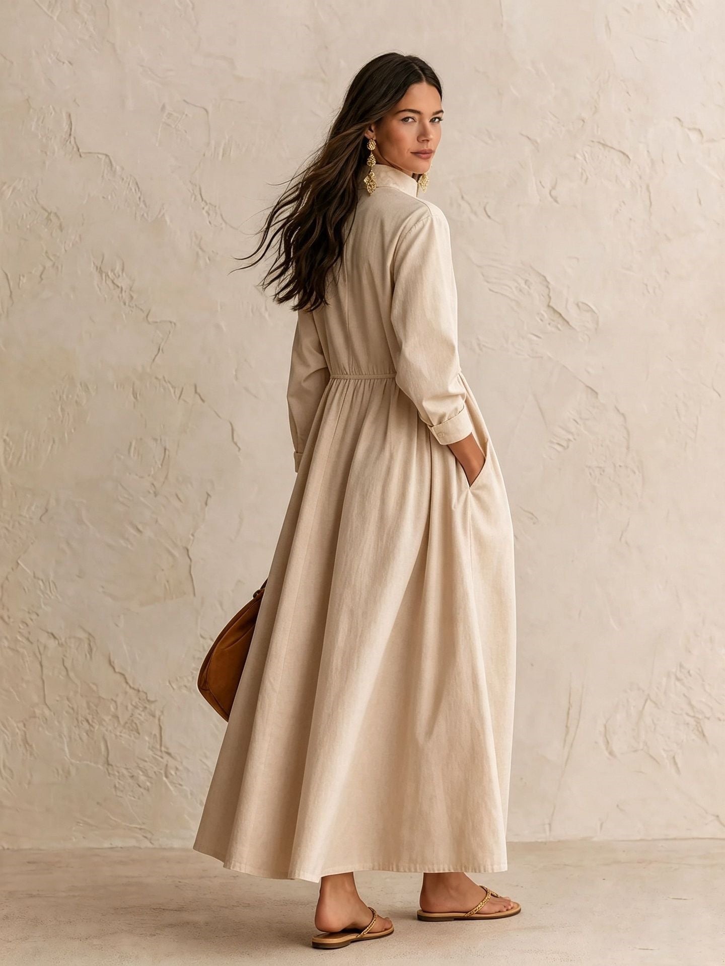 Half‑Zip Stand Collar Pocket Midi Maxi Dress
