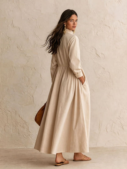 Half‑Zip Stand Collar Pocket Midi Maxi Dress