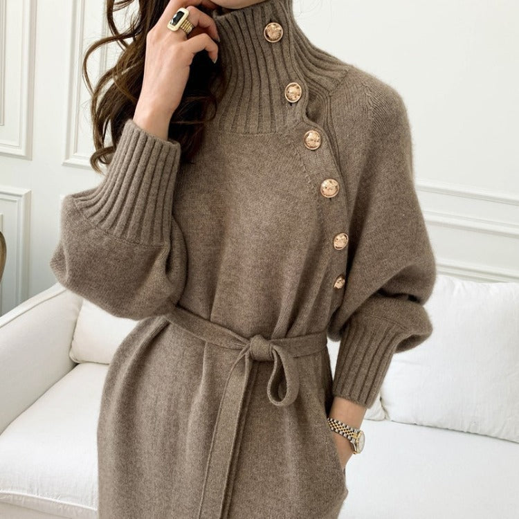 Asymmetric Button Batwing Sleeve Belted Knit Midi Dress