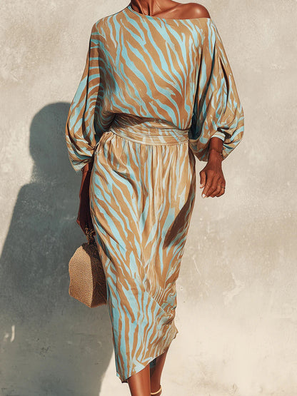 One Shoulder Balloon Sleeve Abstract Print Wrap Midi Dress