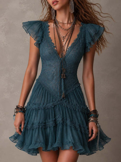 Teal Boho Lace Tiered Ruffle Mini Dress
