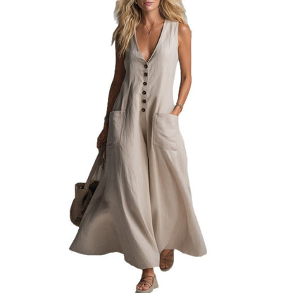 Pocket Deep V-Neck Solid Color Casual Dress