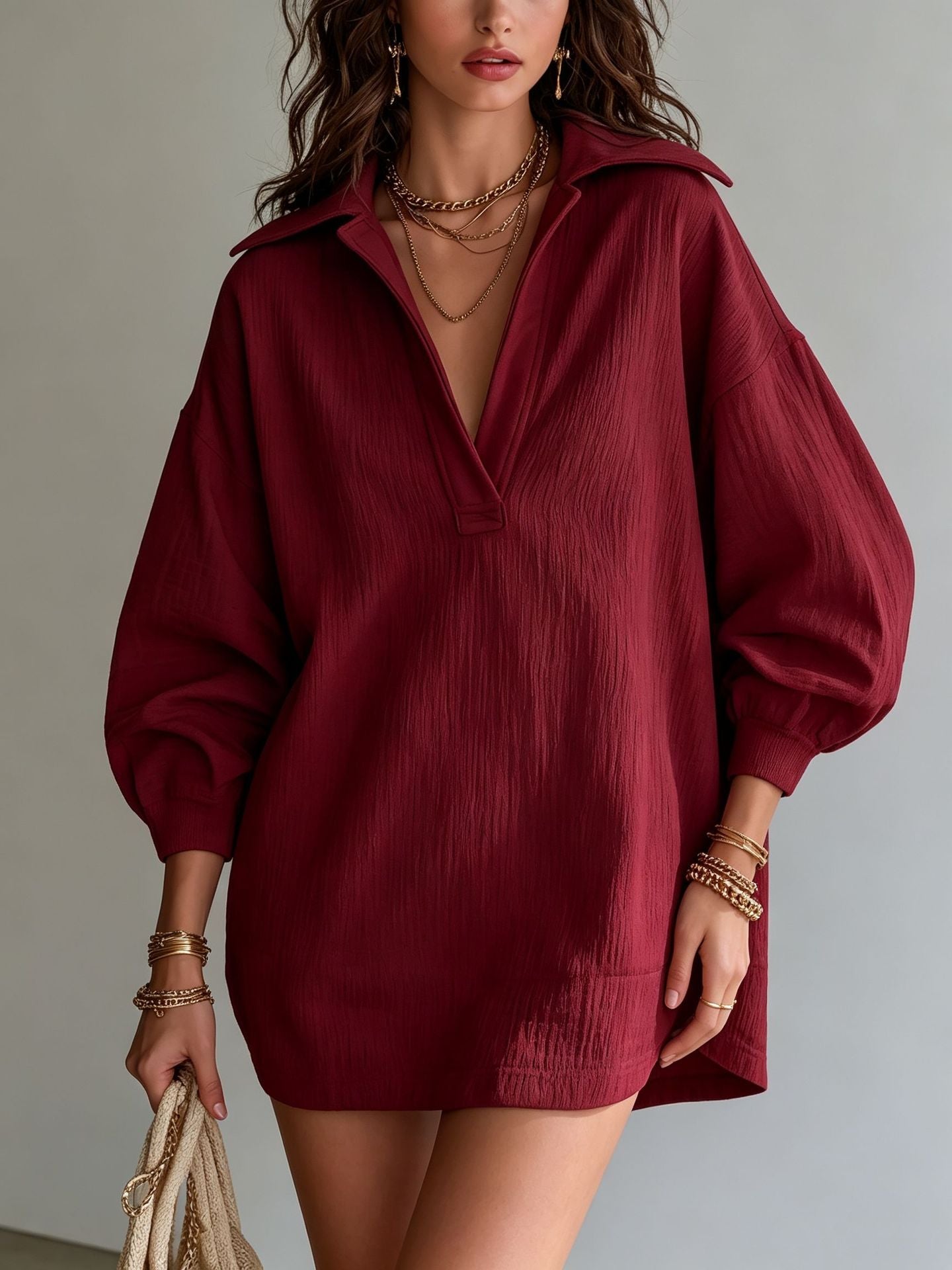 Crinkle Textured Collar V‑Neck Tunic Dress Women Loose Long Sleeve Casual Mini Dress