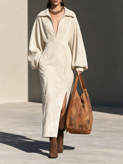 Elegant Brown Suede Half-Zip Long Sleeve Maxi Dress with Side Slit