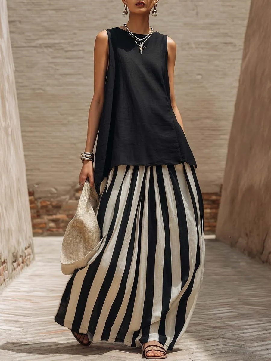 Solid Tank Top Striped Maxi Skirt Matching Set