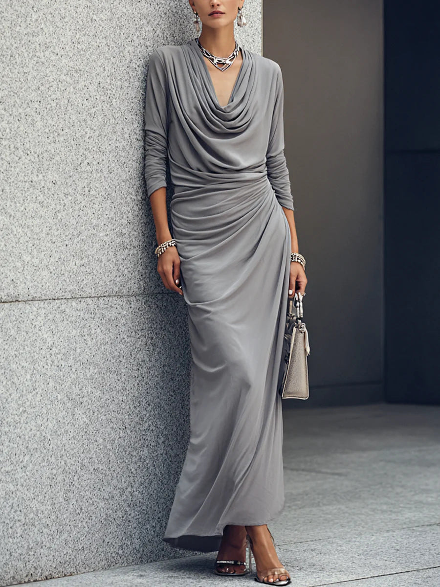 Cowl Neck Ruched Long Sleeve Maxi Dress