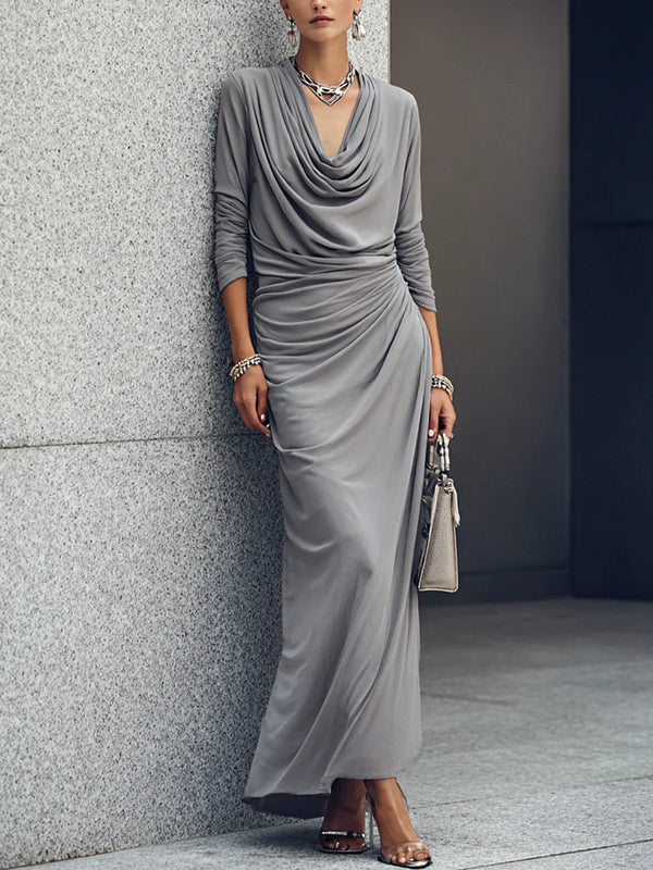 Cowl Neck Ruched Long Sleeve Maxi Dress