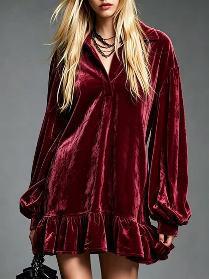 Velvet Ruffle Hem Mini Dress Women Lapel Long Sleeve Loose Casual Tunic Dress