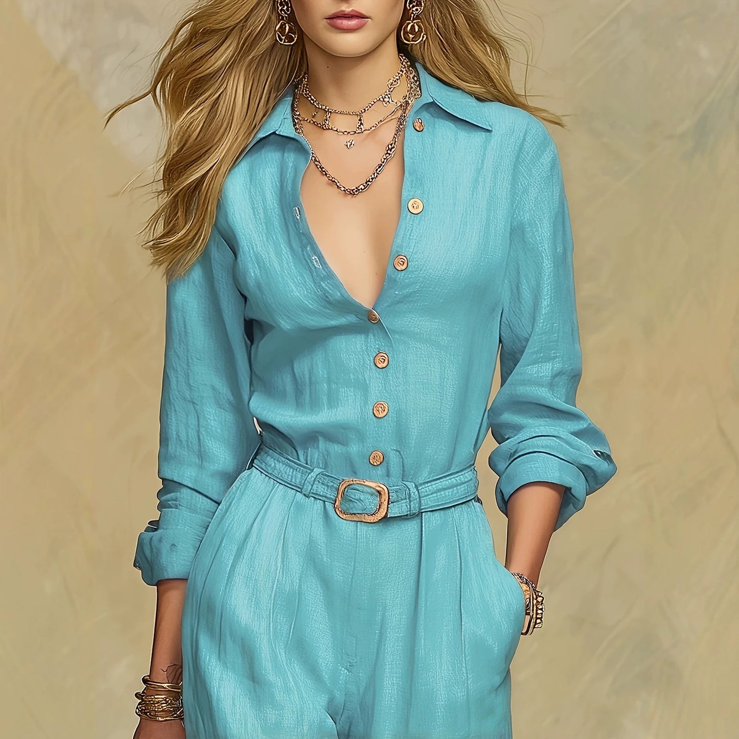 Classic Collared Belted Linen Blend Wide Leg Jumpsuit