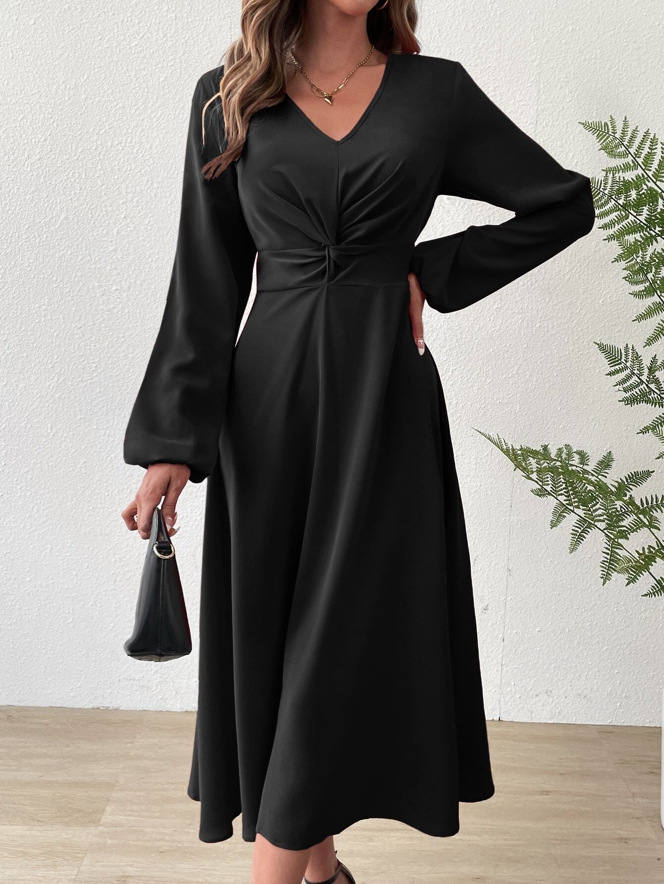V‑Neck Twist‑Knot Waist Long‑Sleeve Midi Dress