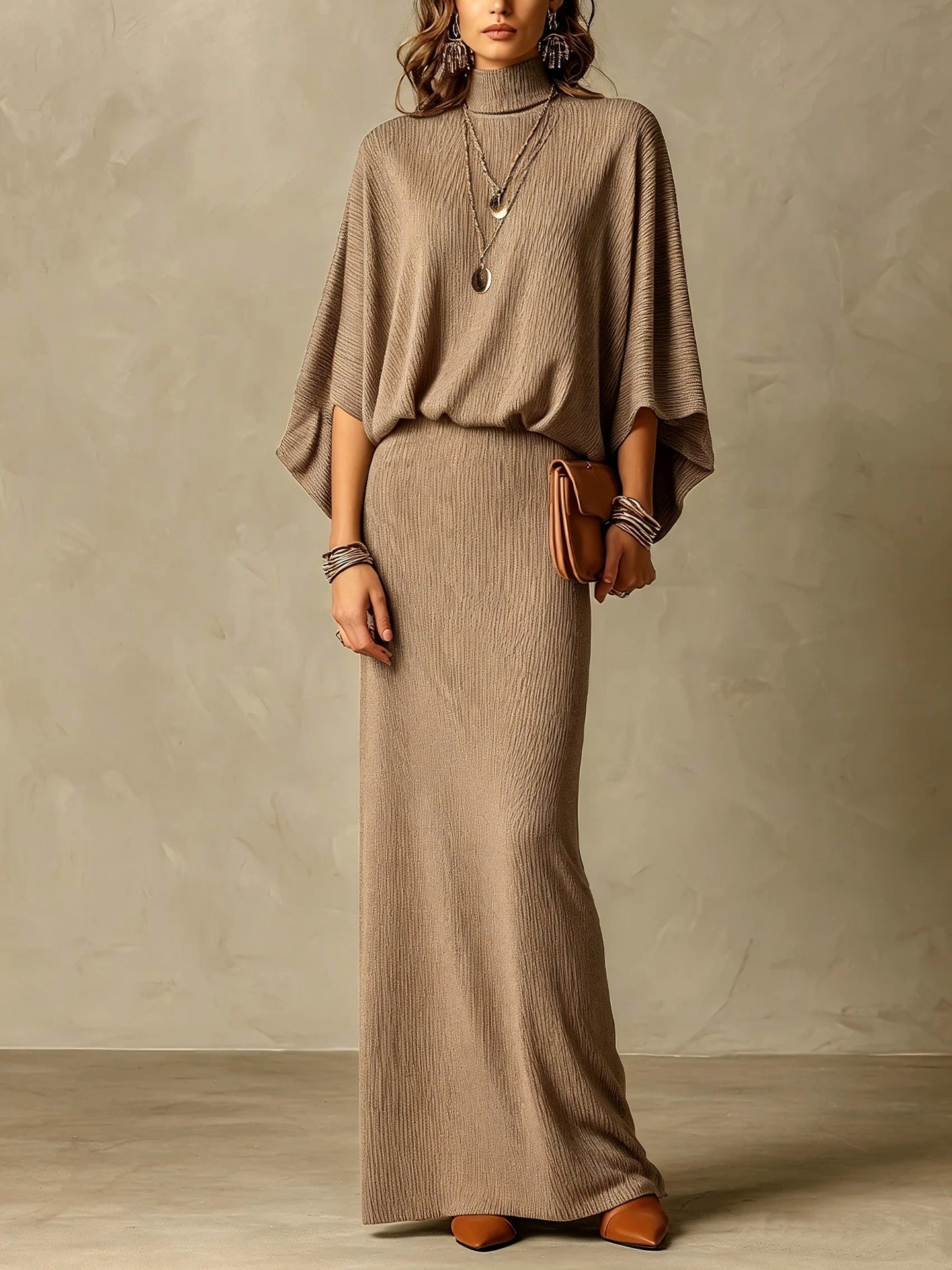 Women's Grey Ribbed Turtleneck Batwing Top & High Waist Maxi Skirt Two Piece Set
