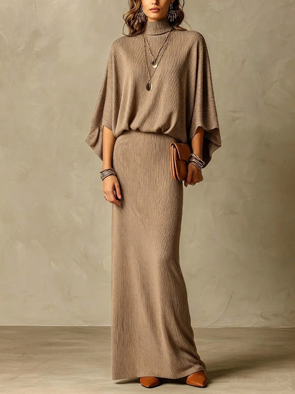Women's Grey Ribbed Turtleneck Batwing Top & High Waist Maxi Skirt Two Piece Set