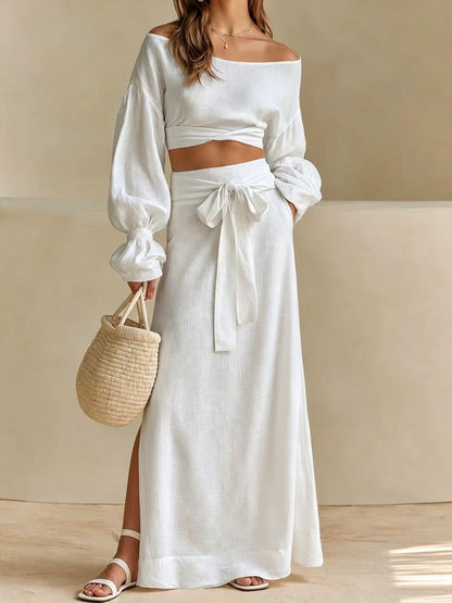 Linen‑Blend Off‑Shoulder Crop Top & Tie‑Waist Slit Maxi Skirt Two‑Piece Set