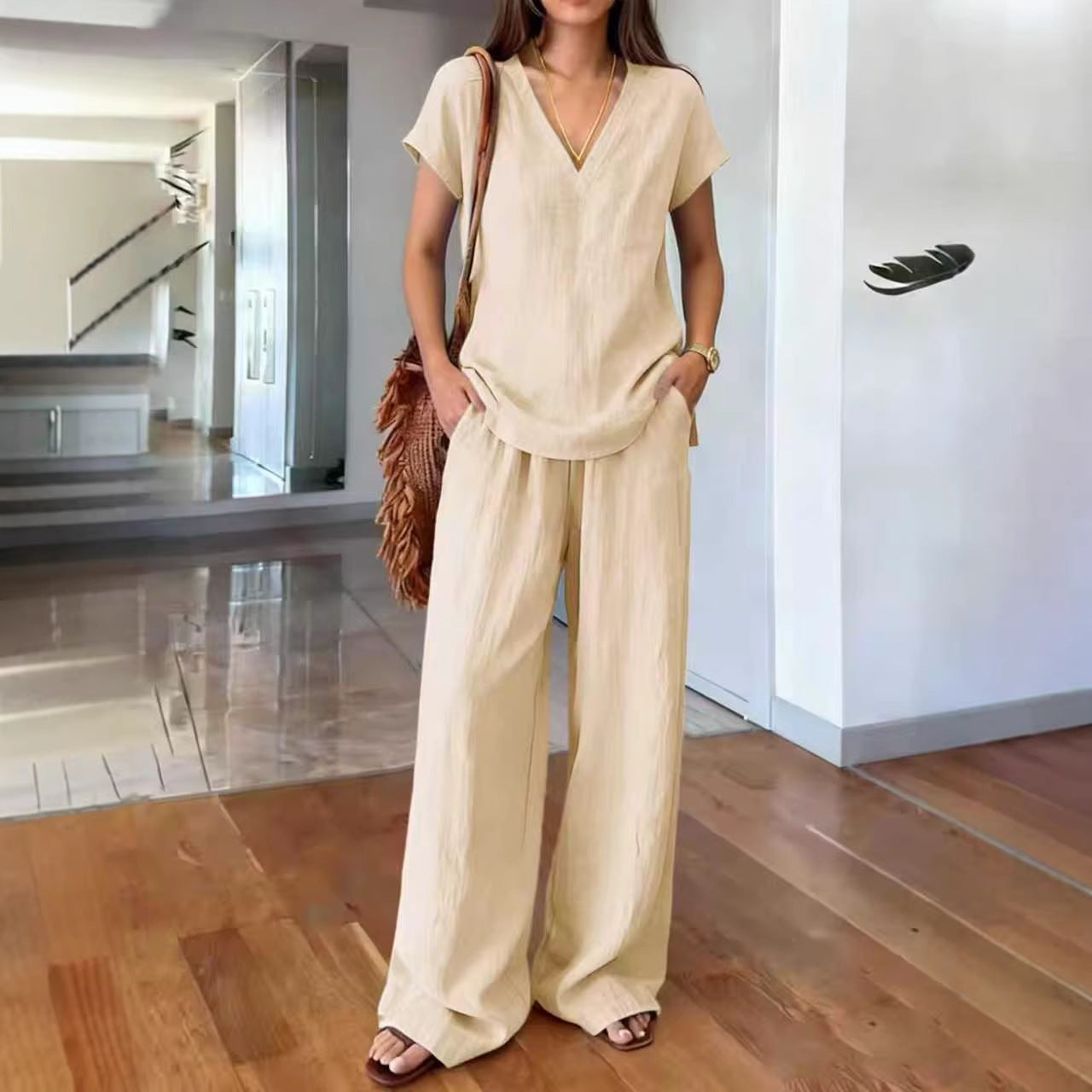 Linen V Neck Cap Sleeve Top & Elastic Waist Wide Leg Pants 2 Piece Co-Ord Set