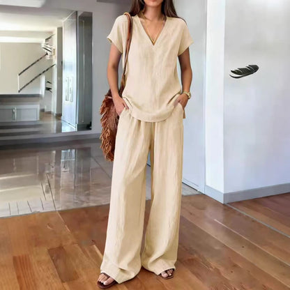 Linen V Neck Cap Sleeve Top & Elastic Waist Wide Leg Pants 2 Piece Co-Ord Set