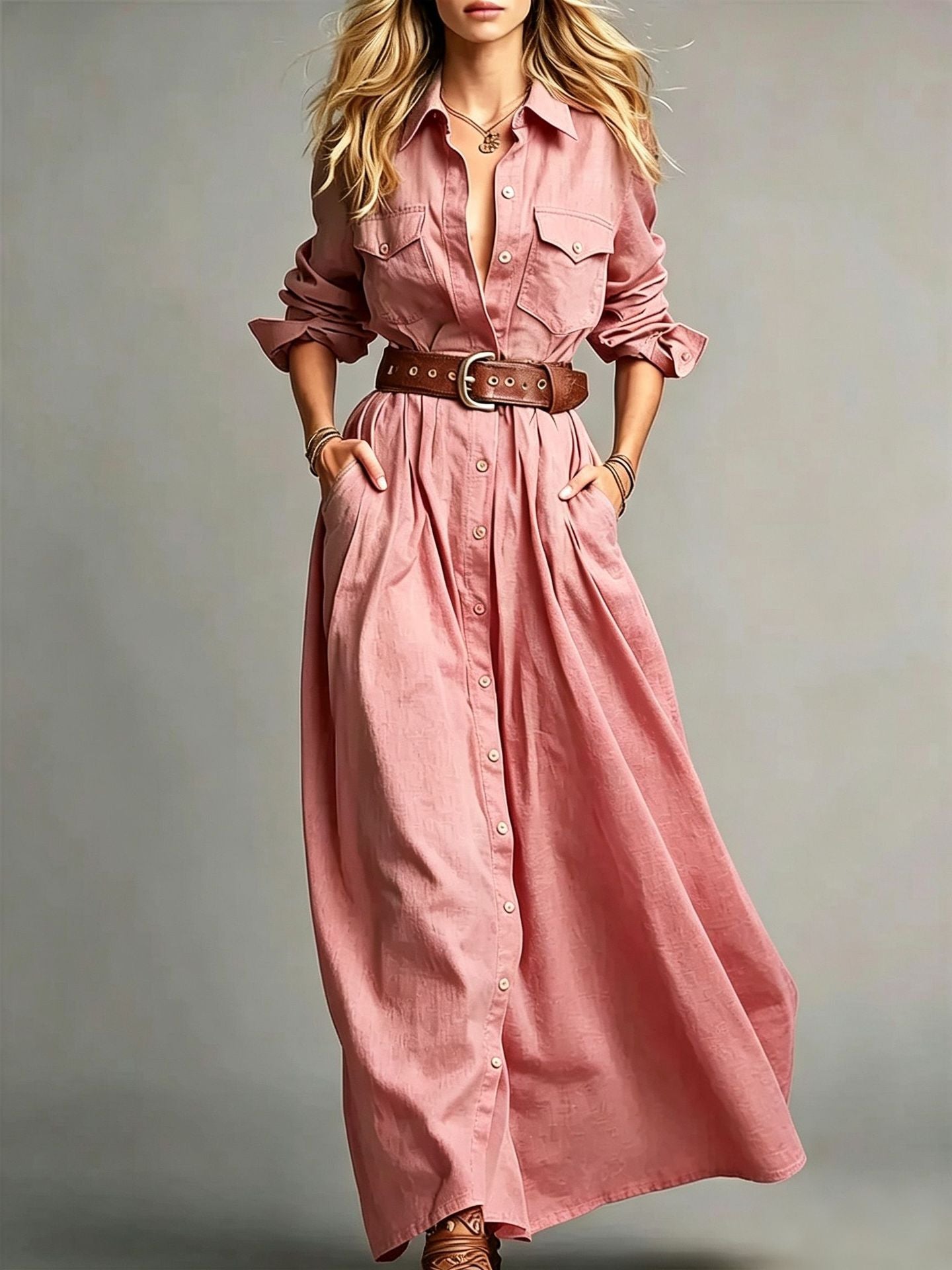 Lapel Collar Button Front Maxi Dress Women Long Sleeve A‑Line Casual Shirt Dress With Pockets