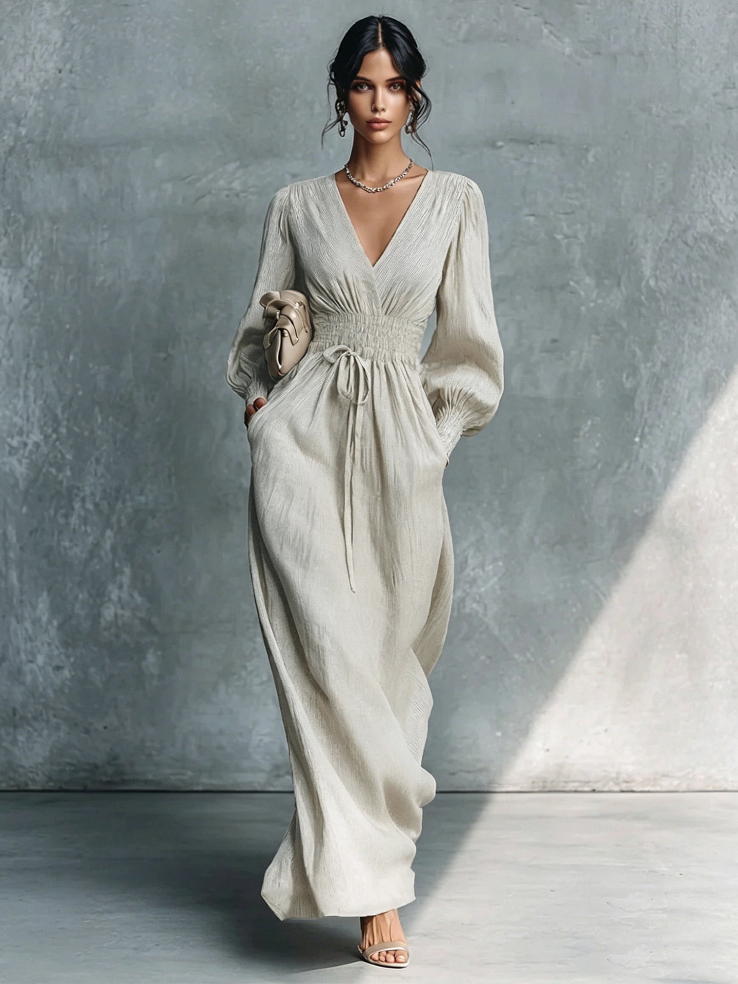 Textured V-Neck Smocked Waist Maxi Dress - Light gray / S