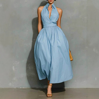 Light Blue Halter Collar Button Front Pleated Midi Cotton Shirt Dress