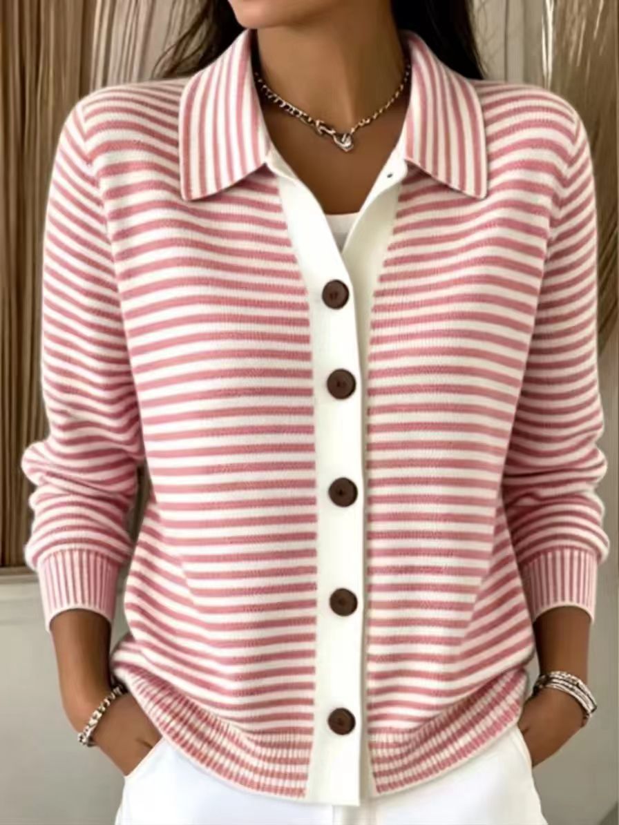 Women's Green‑White Stripe Collared Button Front Knit Cardigan