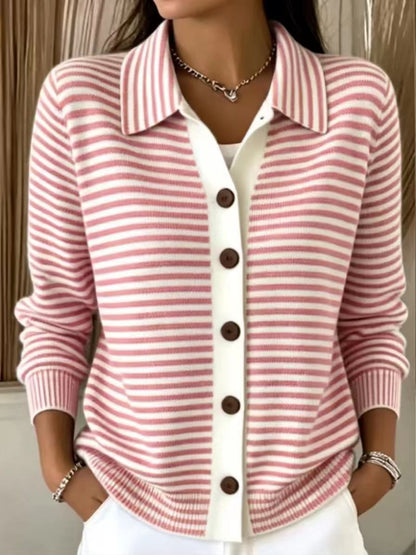 Women's Green‑White Stripe Collared Button Front Knit Cardigan