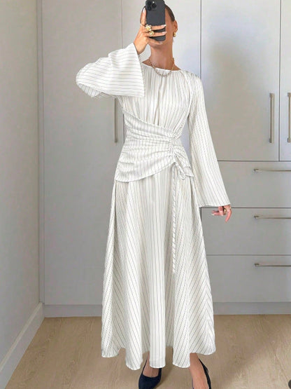 Pinstripe Ruched Waist Bell Sleeve Midi Dress