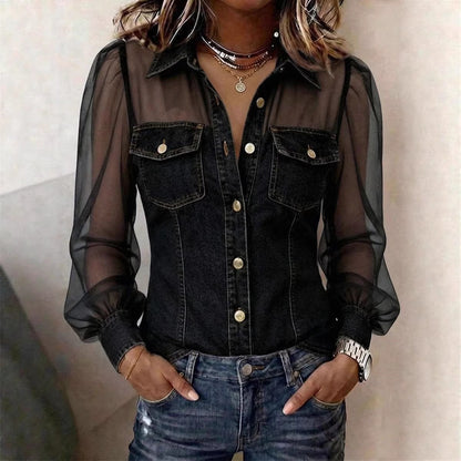 Women's Casual Denim Patchwork Chiffon See Through Button Pocket Long Sleeve Blouse