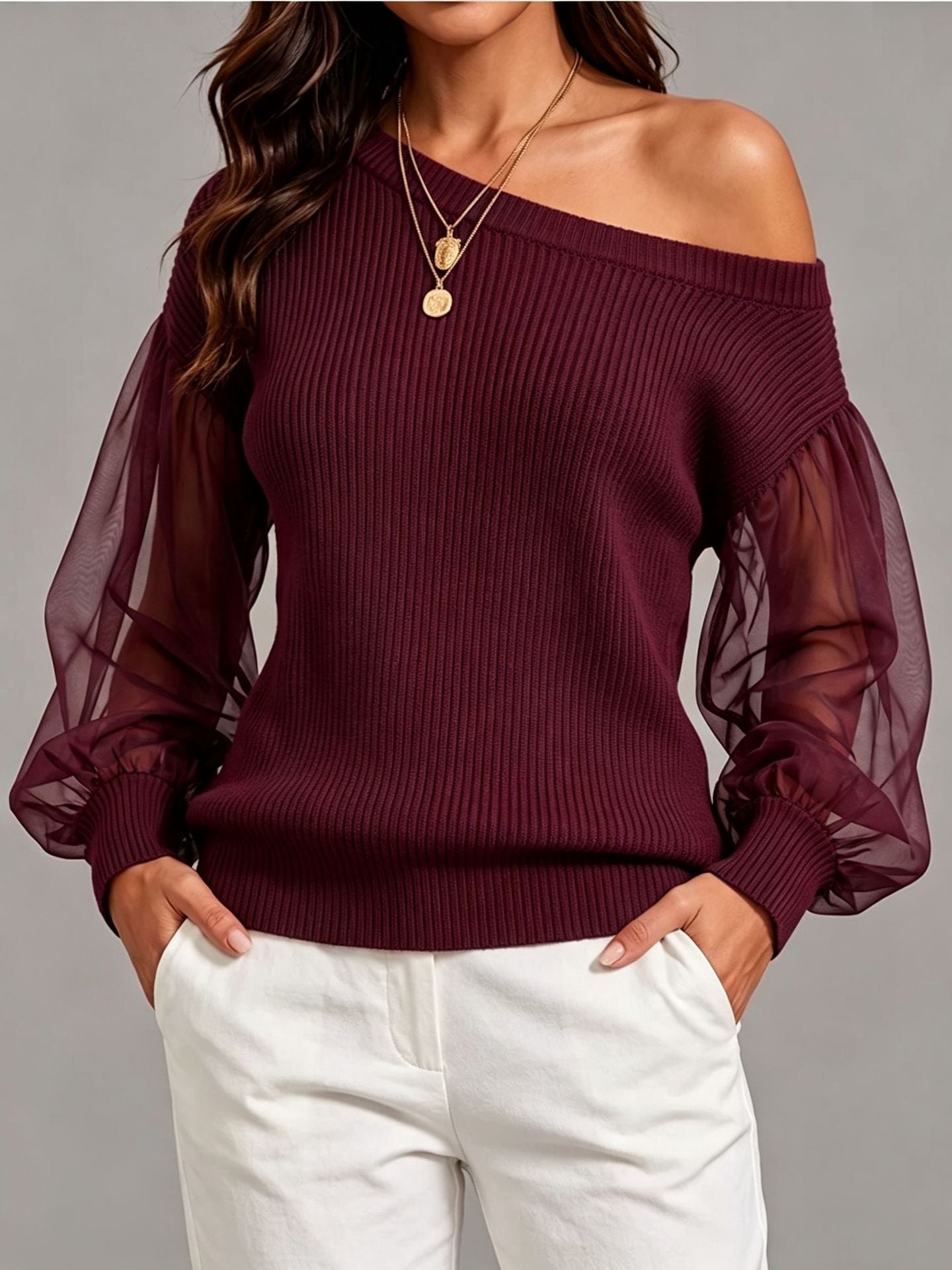 Asymmetric Off‑Shoulder Mesh Puff Sleeve Ribbed Knit Sweater