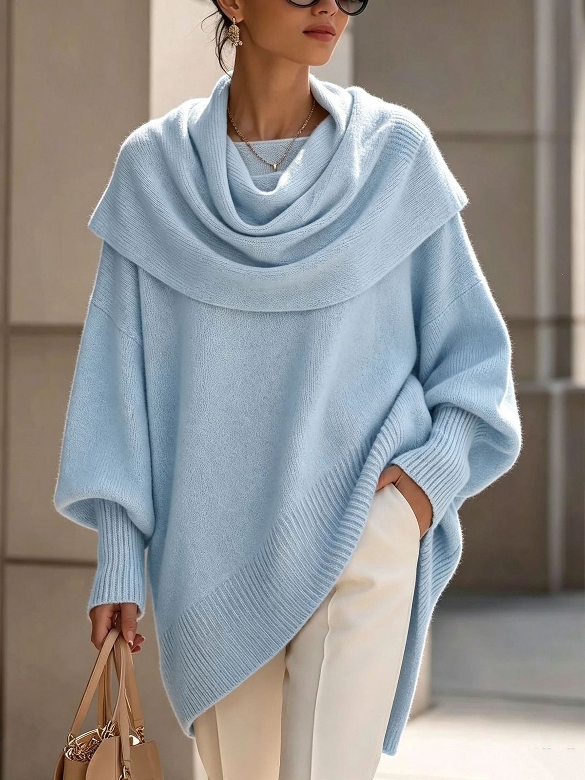 Women's Solid Cowl Neck Oversized Asymmetric Hem Knit Tunic Sweater