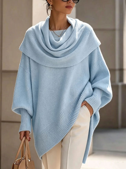 Women's Solid Cowl Neck Oversized Asymmetric Hem Knit Tunic Sweater