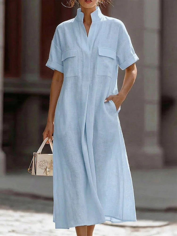 Linen Stand Collar Midi Shirt Dress