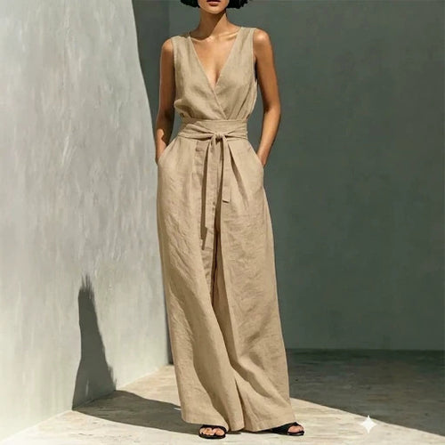 Linen Sleeveless Wrap V Neck Self Tie Belt Wide Leg Jumpsuit