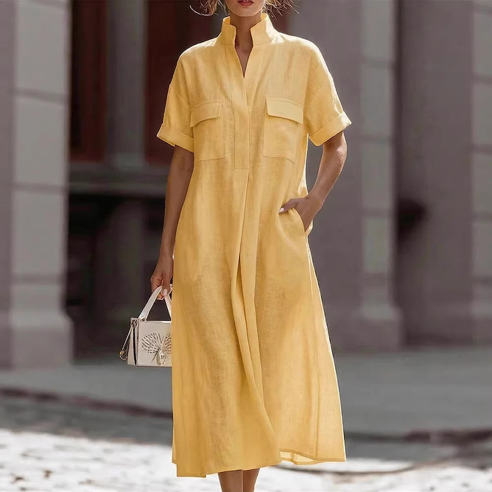 Linen Stand Collar Midi Shirt Dress