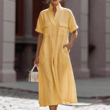 Linen Stand Collar Midi Shirt Dress