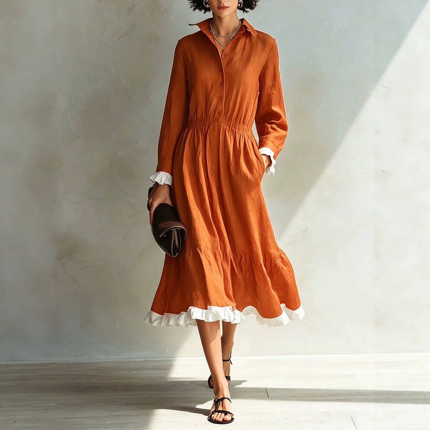 Button-Down Shirt Dress with White Ruffle Trim