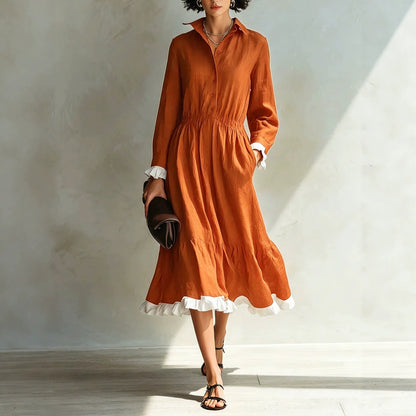 Button-Down Shirt Dress with White Ruffle Trim