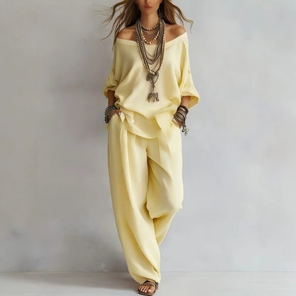 Women'S One-Shoulder Loose Top Wide-Leg Pants Cross-Border Two-Piece Set