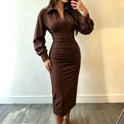 Collared Wrap V‑Neck Ruched Waist Balloon Sleeve Bodycon Midi Shirt Dress