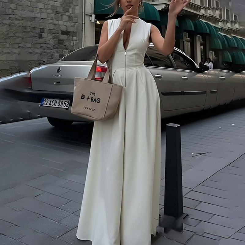 Sleeveless Front Zip Pleated Wide‑Leg Jumpsuit